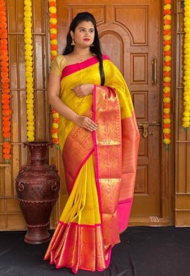 Anjaneya Sarees Self Design Banarasi Silk Blend Saree(Yellow)