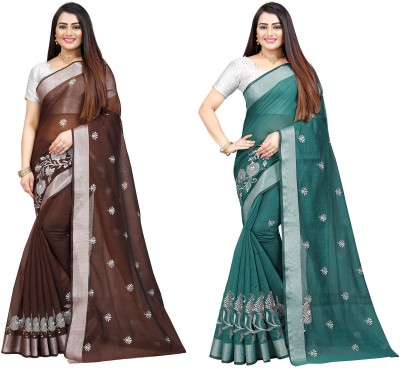 JS Clothing Mart Embroidered Daily Wear Cotton Silk Saree(Pack of 2, Brown, Dark Green)