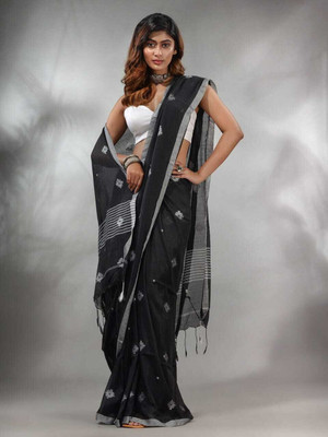 SAYAN CREATION Printed Handloom Pure Cotton Saree(Black)