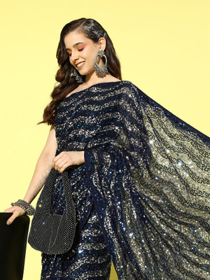 Sareemall Embellished Bollywood Georgette Saree(Dark Blue)