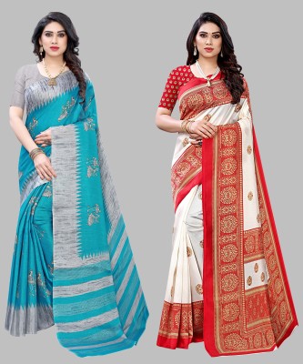 Priyashi Woven, Self Design Kalamkari Art Silk Saree(Pack of 2, Blue, Red)