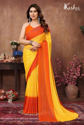 kashvi sarees Embellished, Striped, Ombre Bollywood Satin Saree(Orange, Yellow)