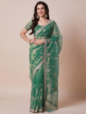 House of Pataudi Embroidered Bollywood Net Saree(Green)