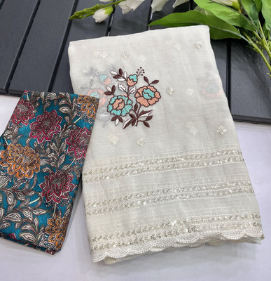 SILKORA Embroidered, Floral Print, Embellished Bollywood Chiffon Saree(White)