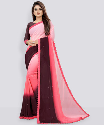 Cartyshop Embellished Bollywood Georgette, Pure Silk Saree(Brown, Pink)