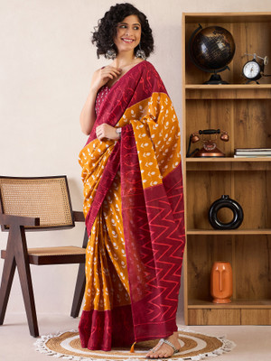 Tasrika Printed Pre Draped Saree Cotton Blend Saree(Mustard)