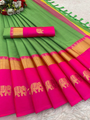 NST5 Woven Maheshwari Pure Cotton Saree(Green, Pink)