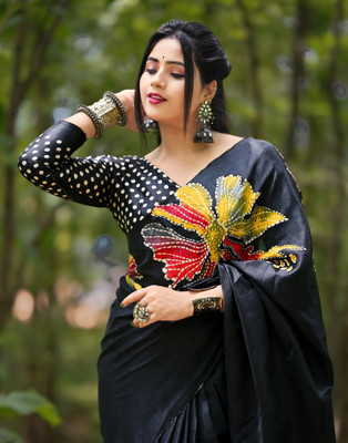 Samah Solid/Plain, Printed, Embellished Bollywood Khadi, Silk Blend Saree(Black)