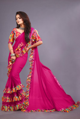 KESARI Striped, Printed, Solid/Plain Bollywood Georgette Saree(Pink)