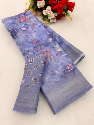 VCREATION Digital Print Bollywood Cotton Linen Saree(Purple)