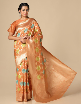 Samah Color Block, Woven, Embellished Banarasi Organza, Jacquard Saree(Orange)