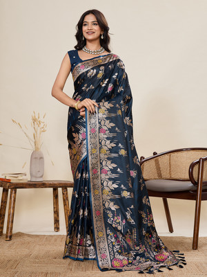 VISVASTA Embroidered Handloom Jacquard, Silk Blend Saree(Dark Blue)