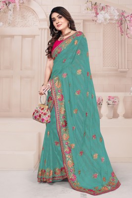 Mikhushop Embroidered Bollywood Silk Blend Saree(Light Blue)