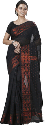 DipDiya Embellished, Self Design Handloom Cotton Blend Saree(Black)