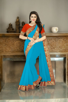 Volmina Solid/Plain Chanderi Cotton Blend Saree(Light Blue)