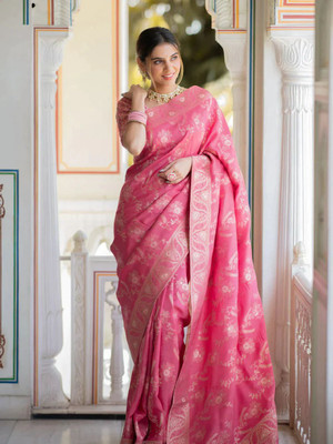 JIADIA Woven, Embellished, Self Design Banarasi Jacquard, Art Silk Saree(Pink)
