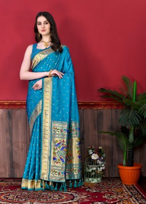 VIRDHI TEXTILE Animal Print, Printed, Self Design, Embellished, Woven, Blocked Printed Paithani Jacquard, Silk Blend Saree(Light Blue)