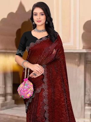 Sinauli Self Design Bollywood Silk Blend, Lycra Blend Saree(Maroon)
