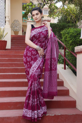 Craftmusium Printed, Color Block, Blocked Printed, Floral Print, Dyed Daily Wear Pure Cotton Saree(Maroon)