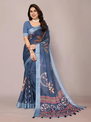 VCREATION Digital Print Bollywood Cotton Linen Saree(Dark Blue)
