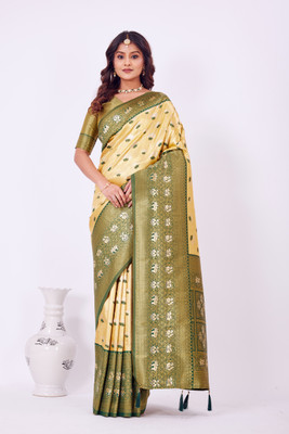PRAUDO Woven, Floral Print, Self Design Kanjivaram Pure Silk Saree(Beige, Green)