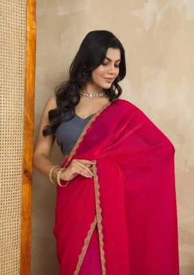 HouseOfCommon Solid/Plain Saree with Attached Blouse Chiffon Saree(Red)
