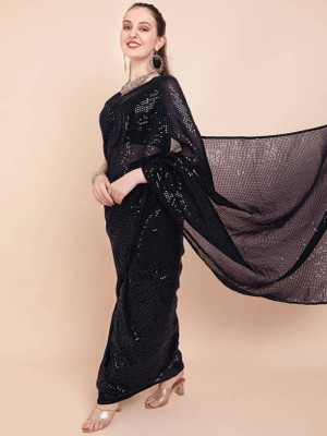 ALAMPAR Solid/Plain Bollywood Georgette Saree(Black)
