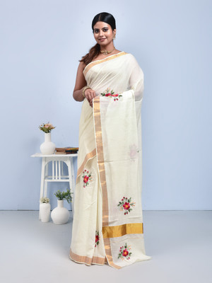 stotra Embroidered Kasavu Cotton Blend Saree(White)