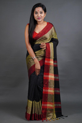 HouseOfCommon Checkered Handloom Pure Cotton Saree(Black)