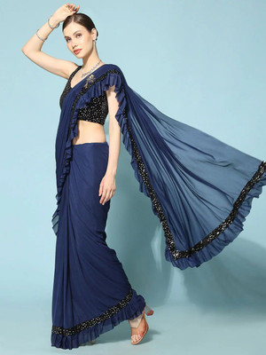Snija Fashion Embroidered Bollywood Lycra Blend Saree(Black)