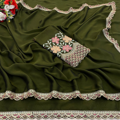 K 5 FASHION Self Design, Solid/Plain, Embroidered Bollywood Chiffon Saree(Dark Green)