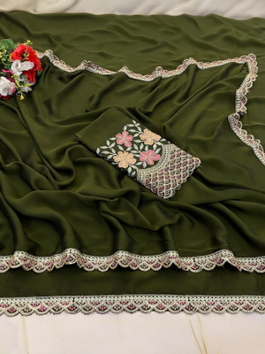 K 5 FASHION Self Design, Solid/Plain, Embroidered Bollywood Chiffon Saree(Dark Green)