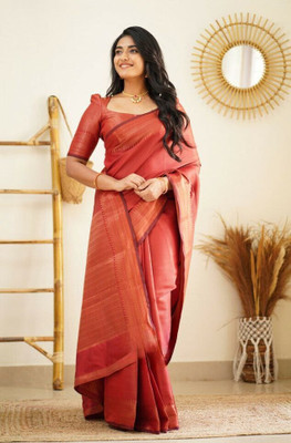 Handsel Woven Banarasi Jacquard, Silk Blend Saree(Red)