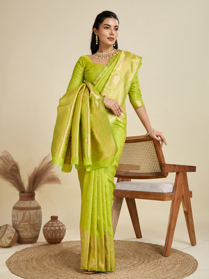 PeachPetals Woven Banarasi Cotton Silk Saree(Light Green)