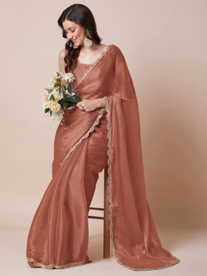 Tasrika Embellished, Solid/Plain Bollywood Organza Saree(Brown)