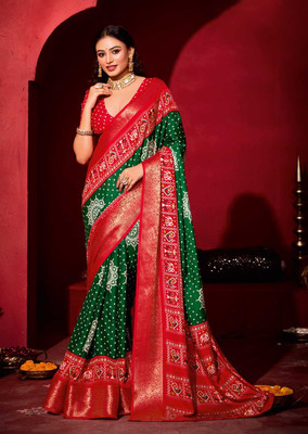 Meena Bazaar Woven Bollywood Art Silk Saree(Green, Red)