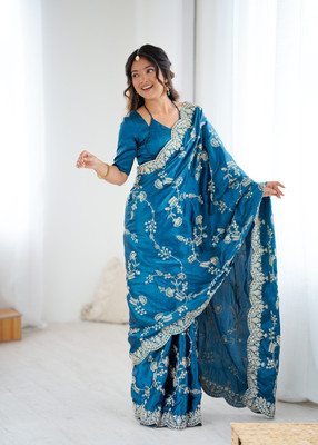 Sajavat Embroidered, Embellished, Woven Bollywood Satin Saree(Dark Blue)