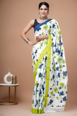 Tetarwal Floral Print Daily Wear Pure Cotton Saree(White)