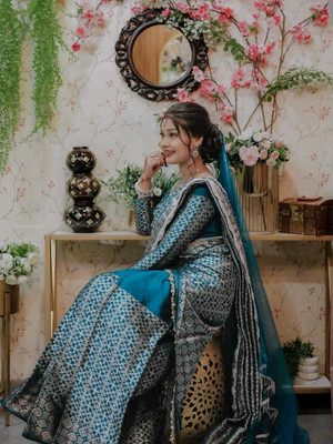 Sheden Lopez Creation Woven Mekhela Chador Silk Blend Saree(Blue)