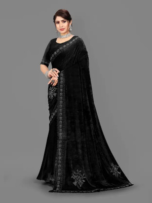 Julee Solid/Plain Bollywood Velvet Saree(Black)