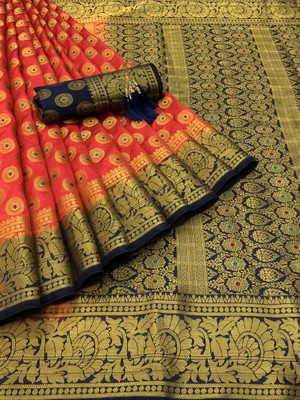 GajGajra Printed Arani Pattu Cotton Silk Saree(Red, Dark Blue)