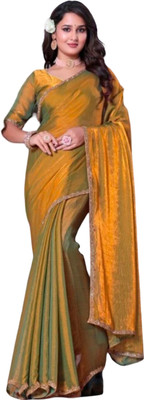G GAJAL INTERNATIONAL Solid/Plain Bollywood Chiffon Saree(Gold)