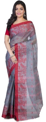 PuJoy Woven Tant Pure Cotton Saree(Grey)