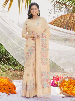 BUNAWAT Printed Handloom Cotton Blend Saree(Cream)