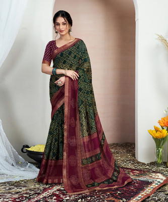 Samah Printed, Embellished Bandhani Chiffon, Georgette Saree(Green, Maroon)