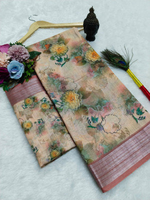 HangerStories Printed Bollywood Pure Cotton, Cotton Linen Saree(Orange)