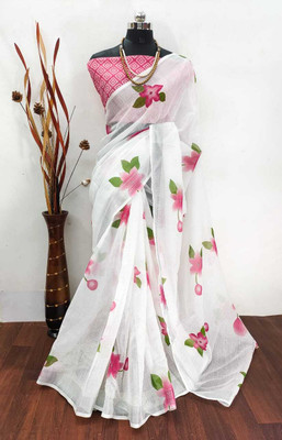 ASHTA Floral Print Kanjivaram Cotton Linen Saree(White, Pink)