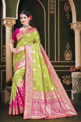 AREEVANZ Woven Kanjivaram Jacquard Saree(Light Green, Pink)