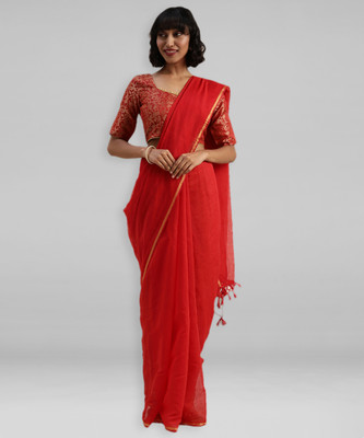 Divastri Solid/Plain Bollywood Cotton Silk Saree(Red)
