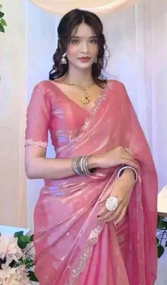 PRISHA Floral Print Bollywood Organza Saree(Pink)